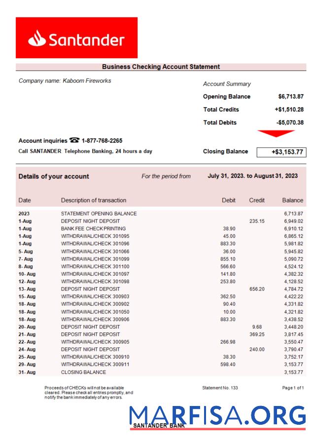 Blank Santander Bank company account statement Word and PDF template